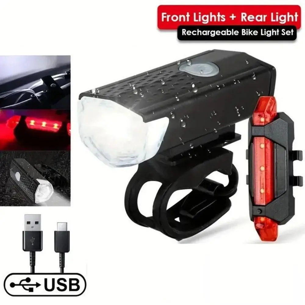 USB Rechargeable Bike Light Set Front Light with Taillight Easy To Install Outdoor Riding Lights 3 Modes Waterproof