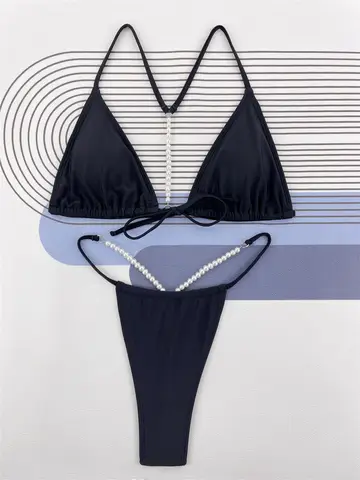 Sexy Black G-string Bikini Pearl Chanis Backless Extreme Swimsuit Micro Tanga Lace Up Swimwear Women Beach Bathing Suits Biquini