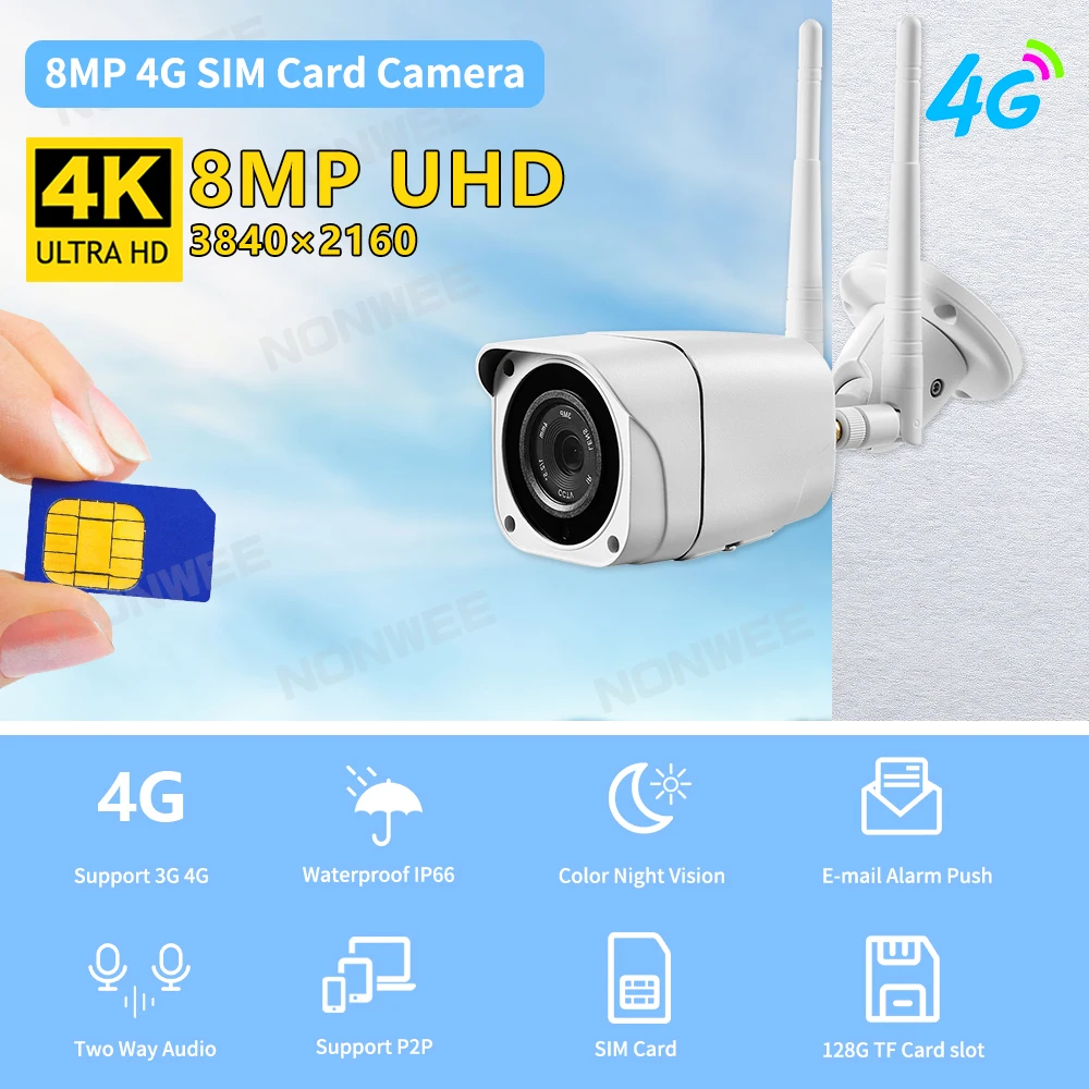 4K/8MP Security Protection With 3G 4G Sim Card WIFI Surveillance Video Camera Outdoor Night Vision IP66 Camhipro