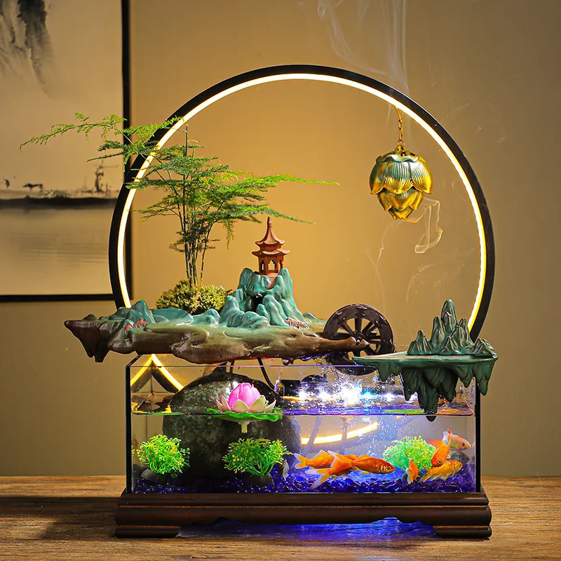LMM Chinese rockery waterwheel water circulation living room office making money desktop fish tank housewarming gift