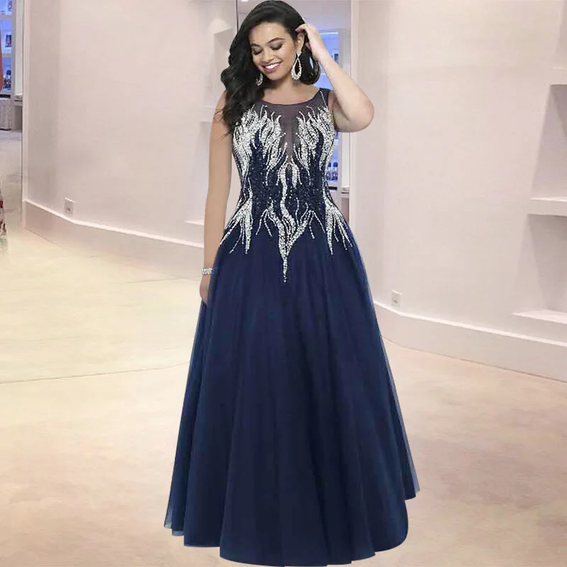 Plus Size Large Women's Dress Europe Station New Even Dress Fashion Embroilery Inlaid Diamond Slim Sleep Mesh Long Dress