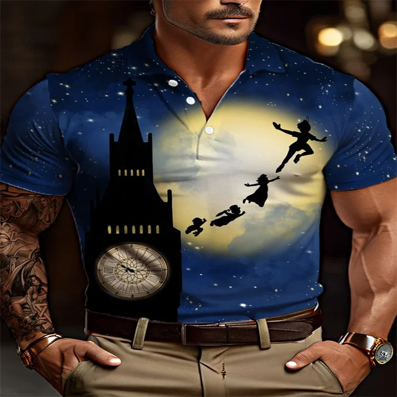 

Nostalgic anime cute character printed short sleeved polo shirt science fiction anime fairy tale magic boy and clock tower silho