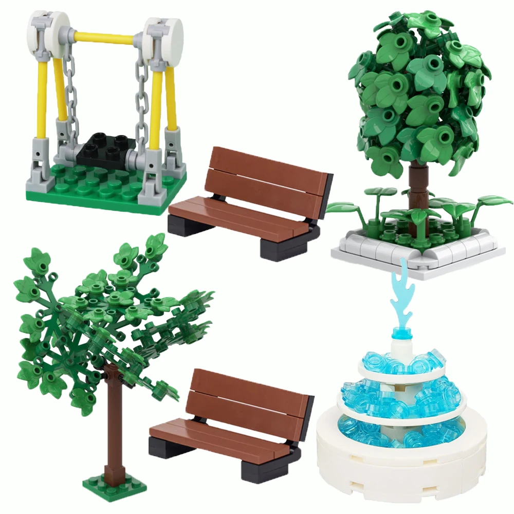 MOC Architecture Fountain Square Building Blocks - City Park Water Feature Model, DIY Educational Construction Toy f