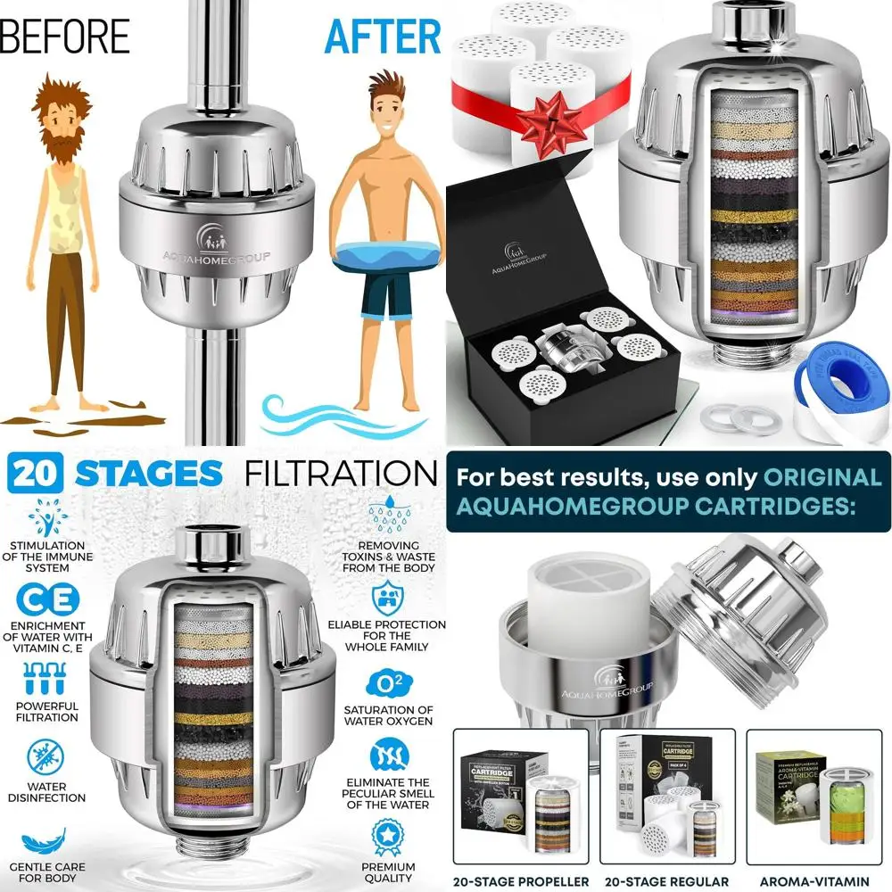 

20-Stage Hard Water Shower Filter with 5 Replacement Cartridges - Removes Chlorine, Fluoride, Chemicals - Vitamins C, E & A for