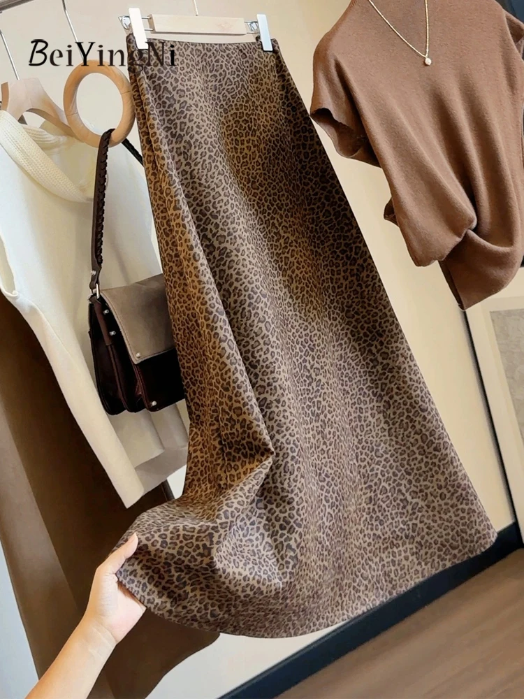 Beiyingni American Style Feminine Women Skirt Suede Leopard Print Retro Female Long Skirts Elegant Streetwear Atumn Winter Jupes