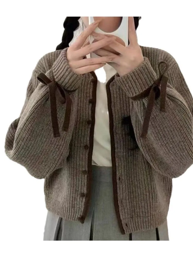 2025 Cardigans Coat Winter Clothes Woman Pulls Femmes All-match Loose Simple Style Sweater Bowknots Long Sleeves Contrast Color
