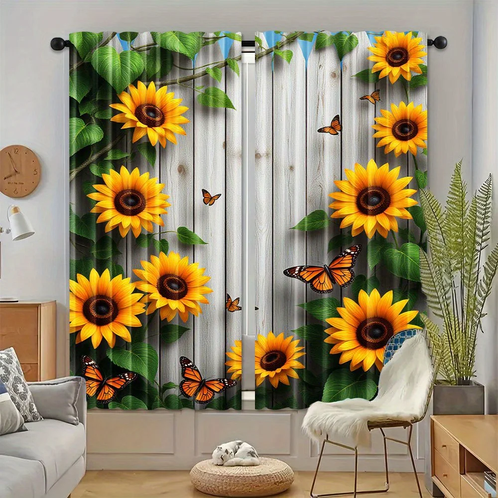 2pcs, Sunflower Butterfly Wood Fence Curtains Blackout Drapes for Living Room Farmhouse Decor Yellow Floral Print Window Panels