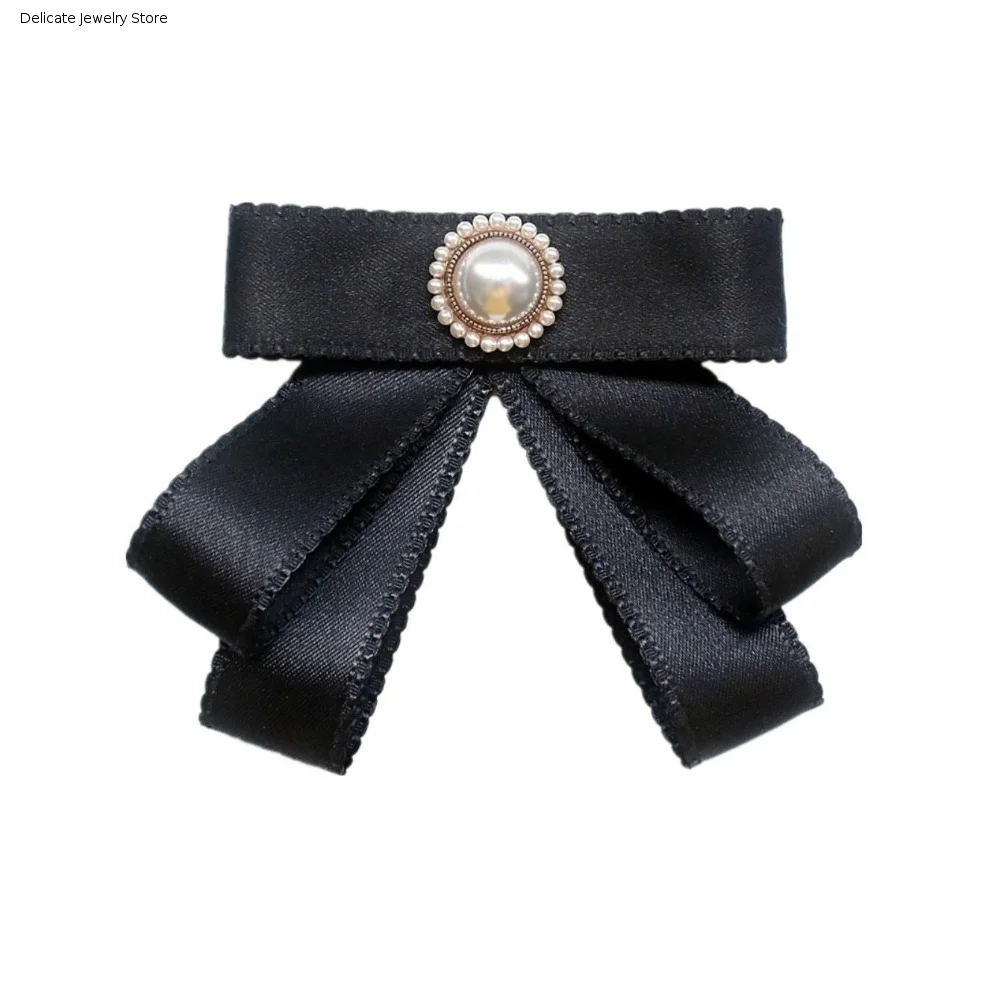 Elegant Solid Color Black Ribbon Pin Pearl Rhinestones Funerals Memorial Pin JK Lolita Ribbon Badge Brooch Parties