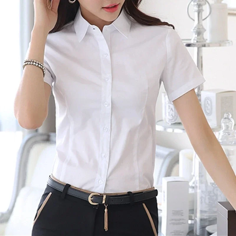 

Fashion Woman Blouses 2024 V-neck Short Sleeve Solid Work Shirts Tops Pretty and Cheap Women's Blouse OL White Female clothing