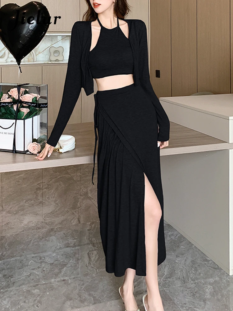 Jielur Three Piece Solid Color Slim Casual Women Skirts Solid Color Simple Basic Cardigan Female Split Gray Black Knitted Skirts