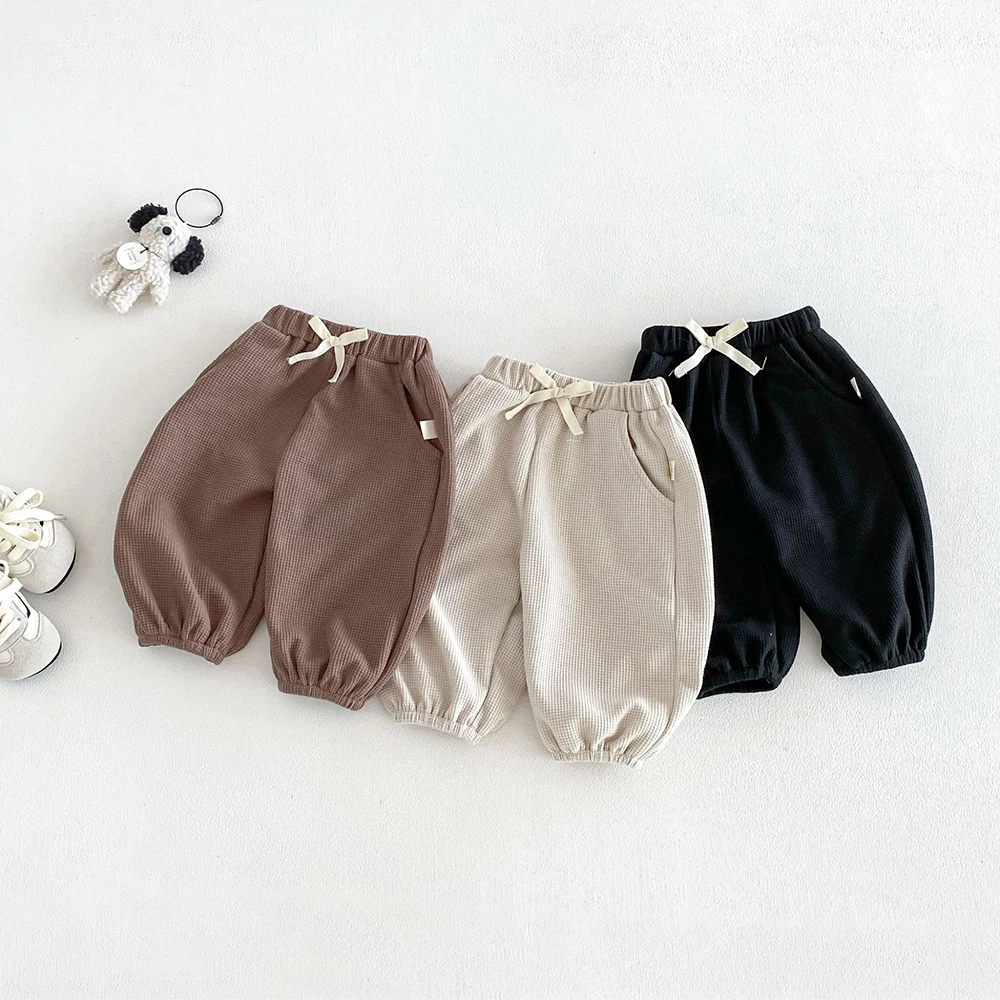 MILANCEL Autumn Kids Pants 6M-5T Baby Clothes Solid Color Waffle Girls Long Pants for Toddlers Loose Children Trousers