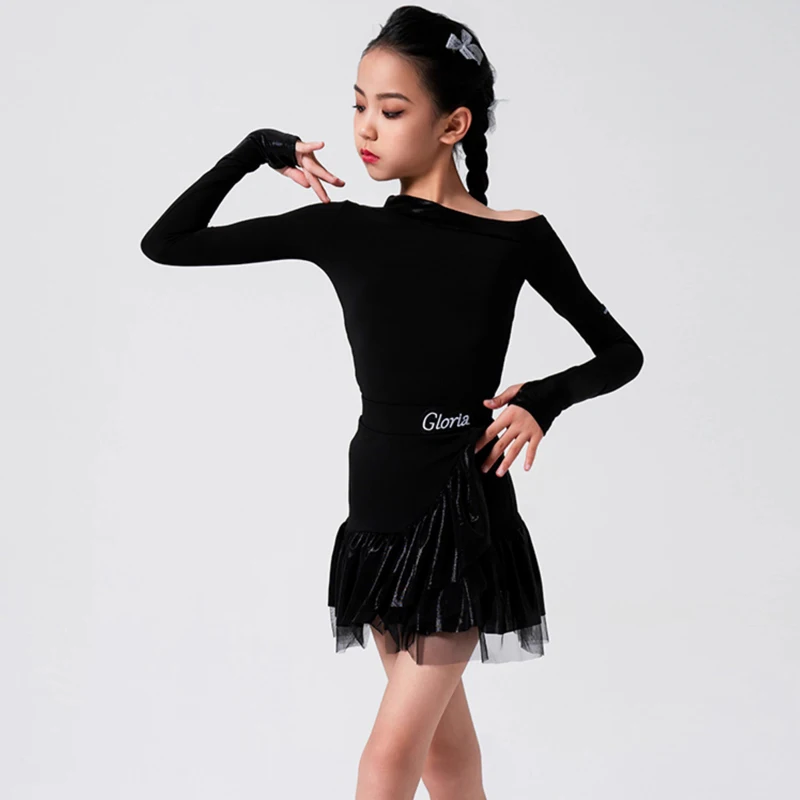 2025 Girl Latin Samba Dance Clothes Children Black Slanted Shoulder 2 Piece Suit Practice Dance Dress Line Dance Clothing