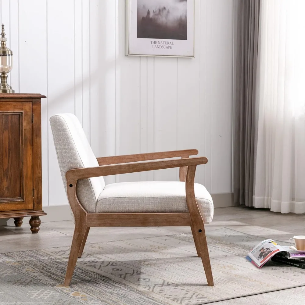 كرسي حديث مغطى بالكتان في منتصف القرن مع إطار خشبي لغرفة المعيشة وداخلية على طراز المزرعة