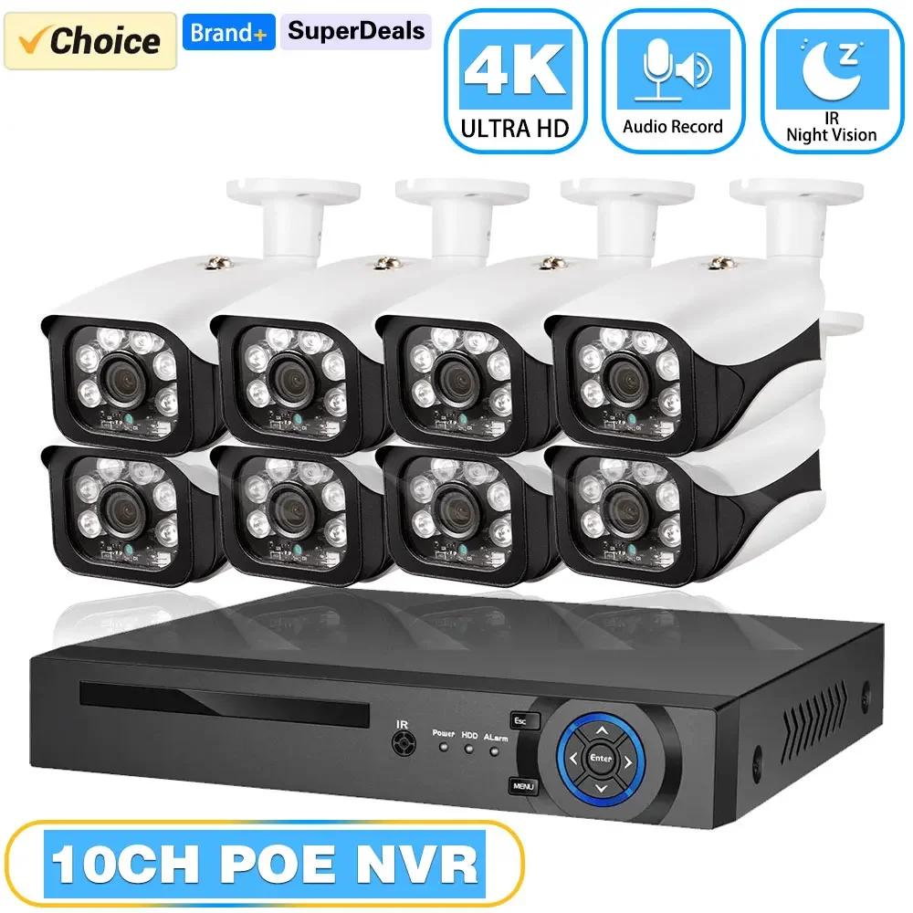 

Система видеонаблюдения 4K POE с записью звука, 8 МП, 10-канальный NVR, H.265, P2P, AI, уличные IP-камеры, комплект для видеонаблюдения
