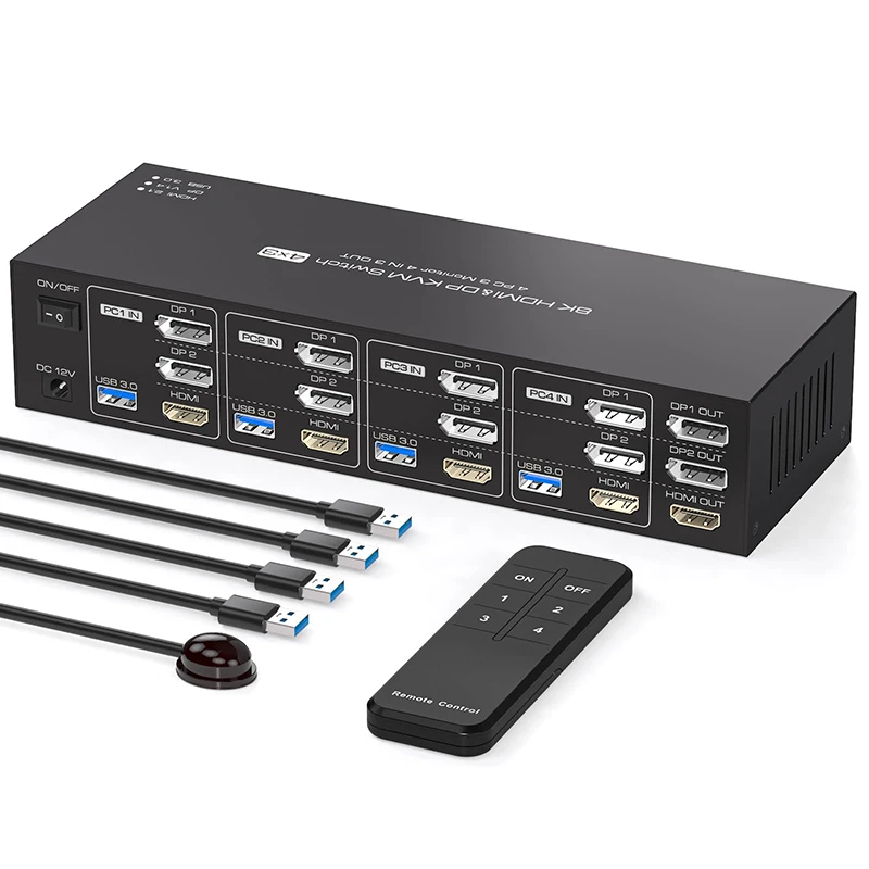 

8K Displayport+HDMI KVM Switch 4 Computers 3 Monitors ,DP KVM Switch 4 Computers Sharing 3 Monitors and 4 USB3.0 Devices