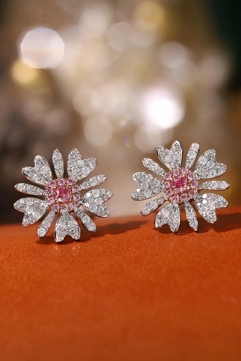 KUGG 100% 18K White Gold Earrings Romantic Daisy Shape Real Natural Pink Diamond Stud Earrings for Women High Wedding Jewelry