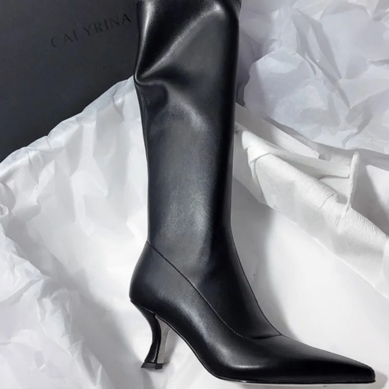 Winter New Thin Heel Cotton Boots Women\'s Fashion Pointed Side Zipper Anti-slip Wear-resistant High Boots