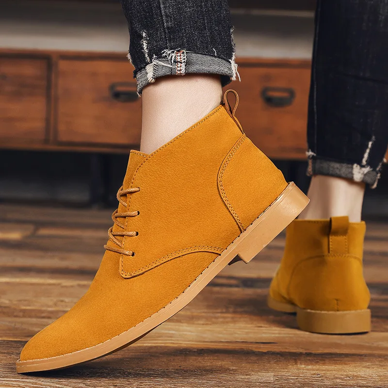 Estilo britânico amarelo botas de couro masculino apontou camurça chelsea botas masculinas tamanho 39-46 conforto botas de tornozelo plana homem botas de cuero