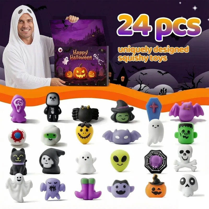 2026 New Halloween Advent Countdown Calendar Squishy Box Spooky Themed Mini Squishy Stress Relief Squeeze Fidget Halloween Gifts