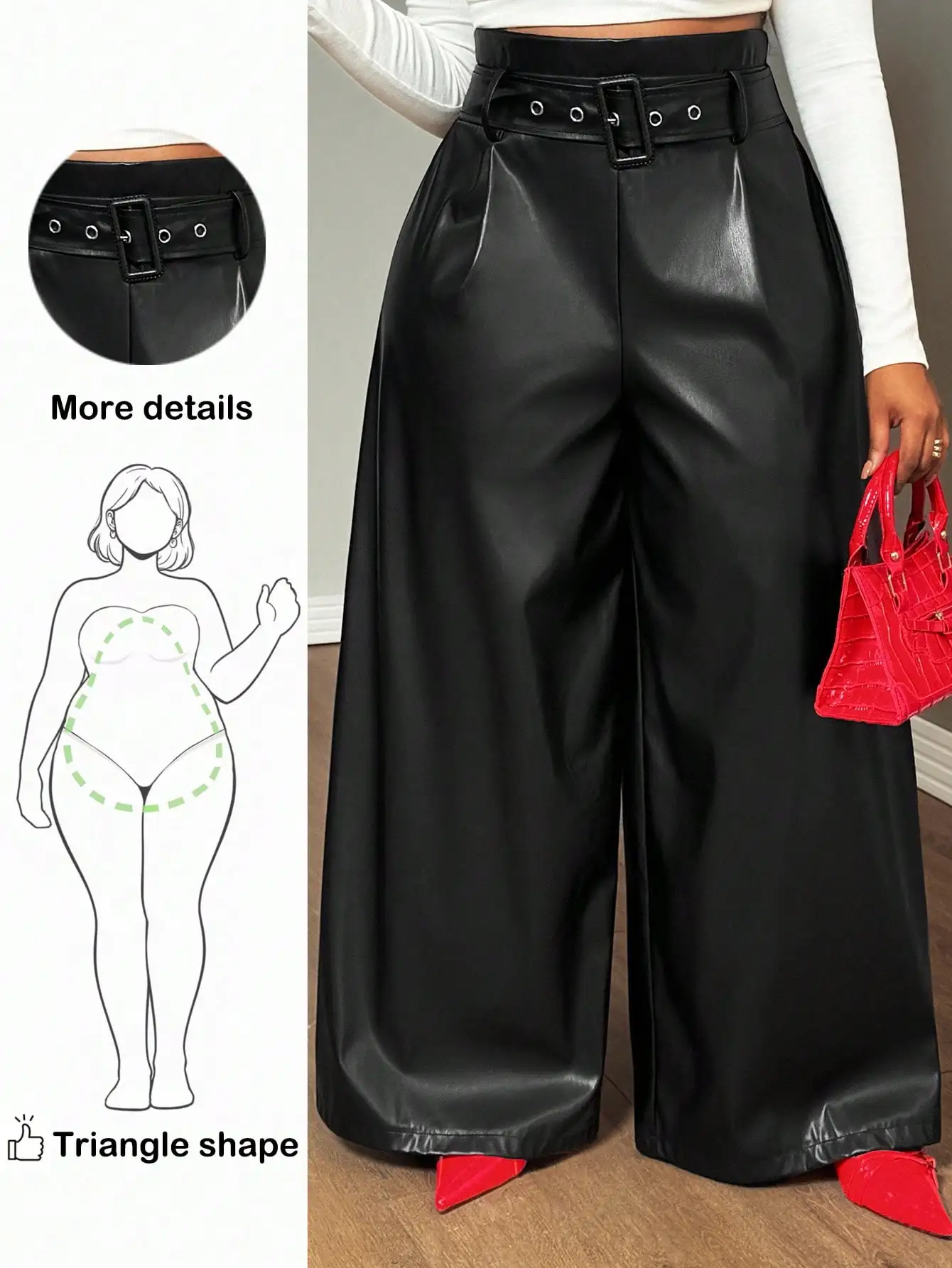 Pantalones anchos de piel sintética de talla grande con cinturón para mujer, ropa de invierno, favorecedor para forma triangular