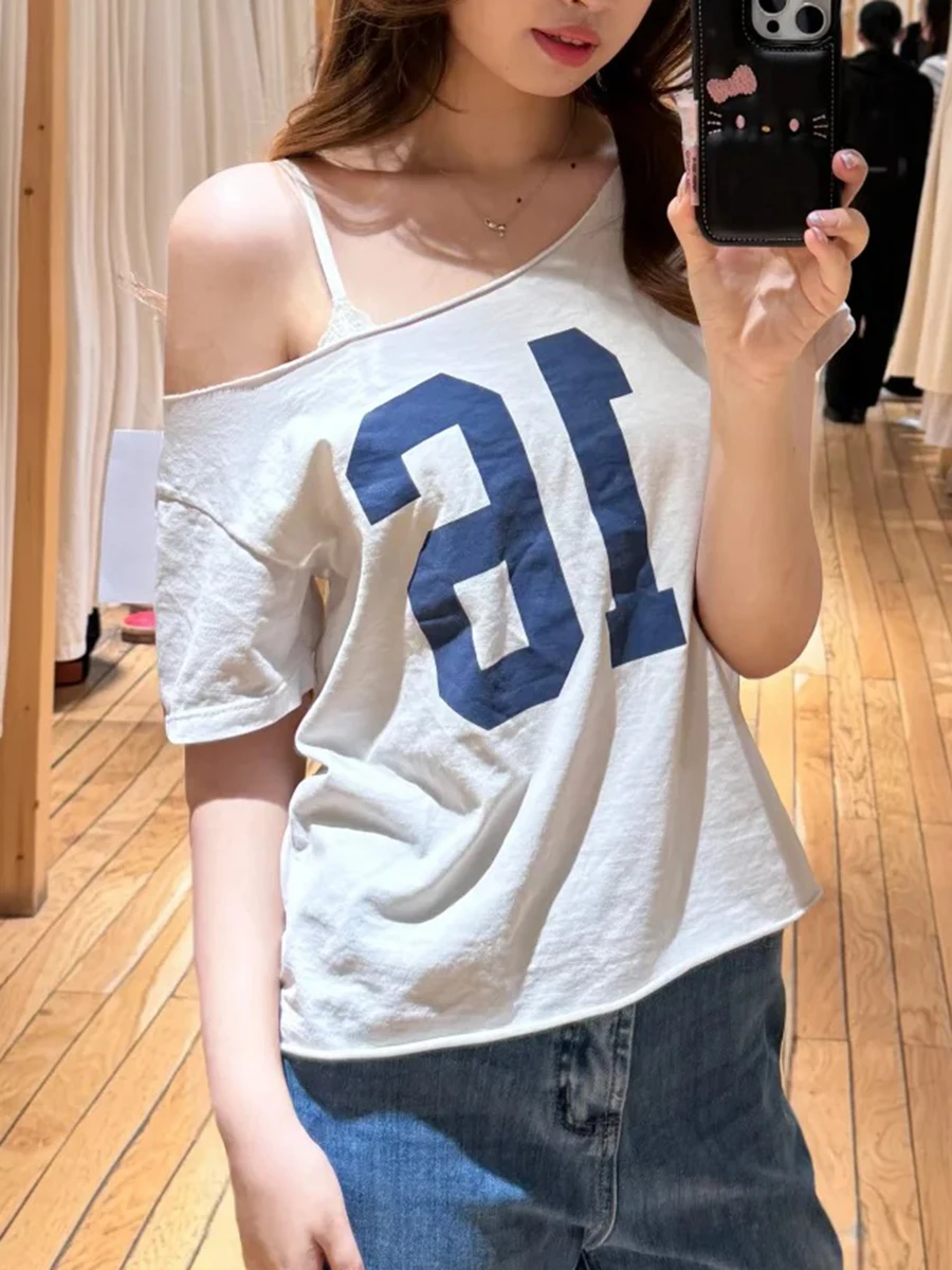 

NO.16 Print Raw Hem Gray T-shirts Women New Casual Simple Cotton Slash Neck Short Sleeve Crop Tops Vintage Sweet Cute Tshirt Y2K