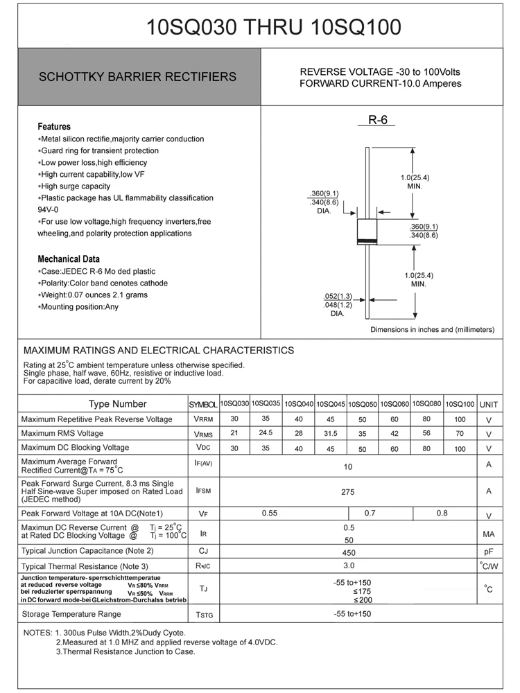 太陽光発電ソーラーセル保護、ショットキーバリア整流ダイオード、10sq050、10a、50v、R-6、10個