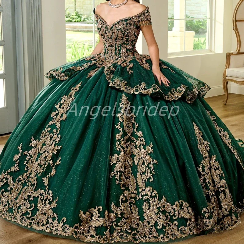 Angelsbridep personalizado verde esmeralda vestido de baile quinceanera vestidos 2025 glitter tule doce 16 vestido de noite 15 anos