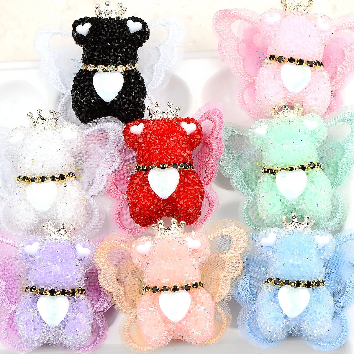 2pcs 5.4x4cm Random Color Mix Granulated Sugar Embed Wing Bear Shape Acrylic Beads For Jewelry Making Bracelet Accessories