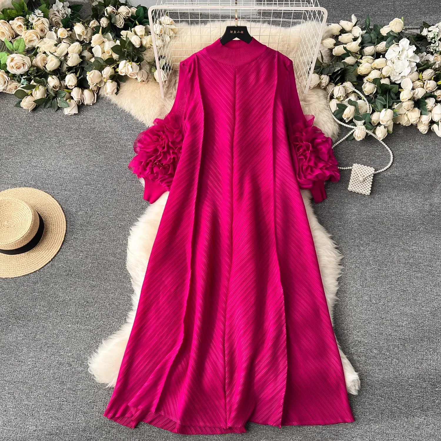 New 2024 Argyle Pleated Loose Maxi Dress Elegant Spring Women's Stand Collar Petal Sleeve Rose Red Appliques Party Long Vestidos