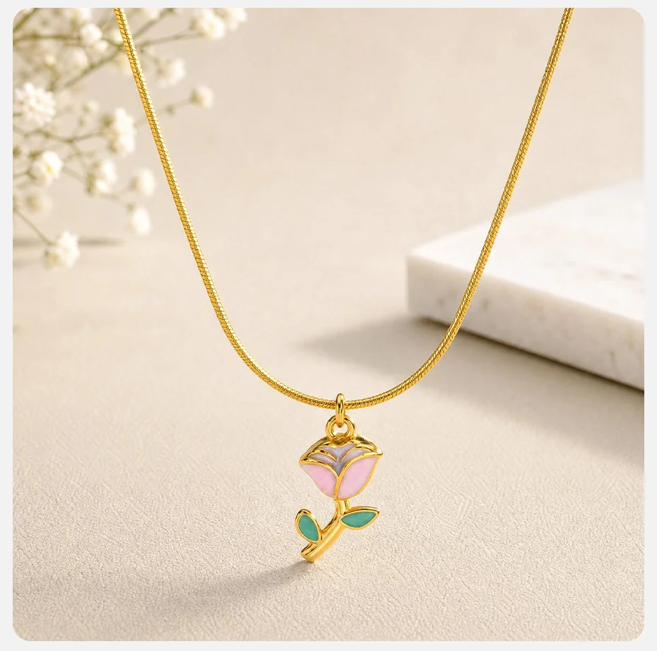 Vnox Süße Emaille Rosa Rosenblüten-Anhänger Halskette für Frauen, Goldfarbener Blumenanhänger, Schlangenkette, Romantisches Schmuckgeschenk – Detail 6