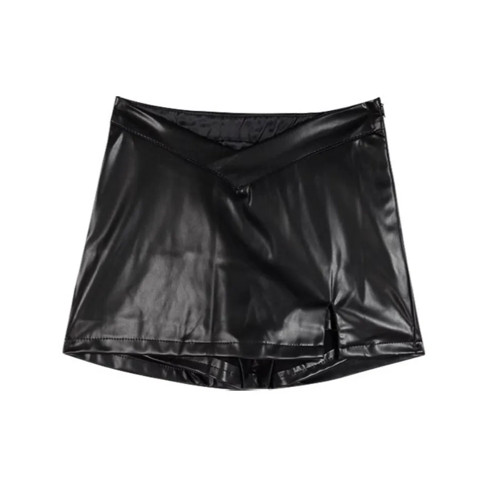 

Sweet Split PU Leather Skirt Waterproof Solid Color Short Mini Skirts Retro Spicy Girl Style High Waist A-line Skirt Lady