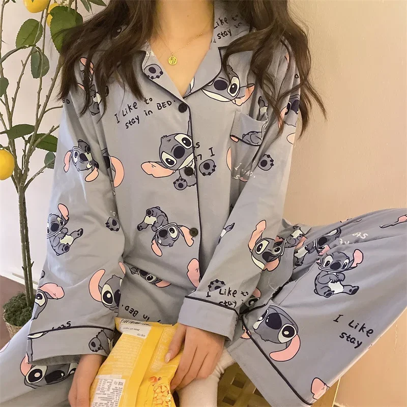 Disney Stitch spring and autumn new pajamas female cute cartoon loose imitation cotton sweet outside loungewear set