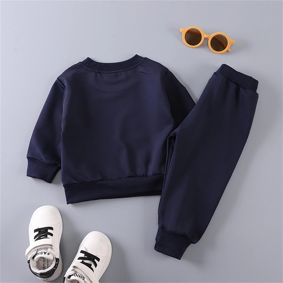 2PCS Spring and Autumn Baby Children's Long sleeved Simple Solid Color Polyester Little Bear Embroidered Hoodie Set of Two