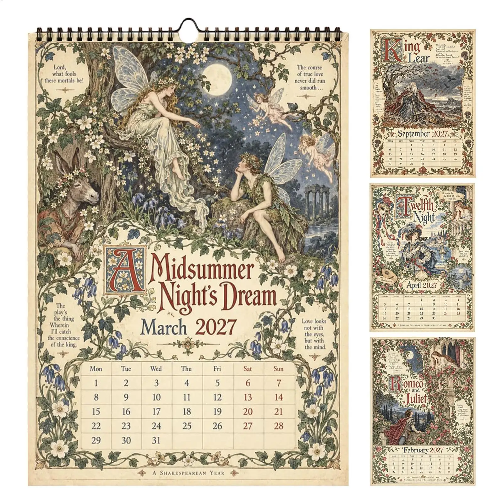 2027 Shakespeare Themed Calendar Vintage Illustrations Monthly Layout Ruled Daily Blocks Yearly Aesthetic Spiral Wall Calendar