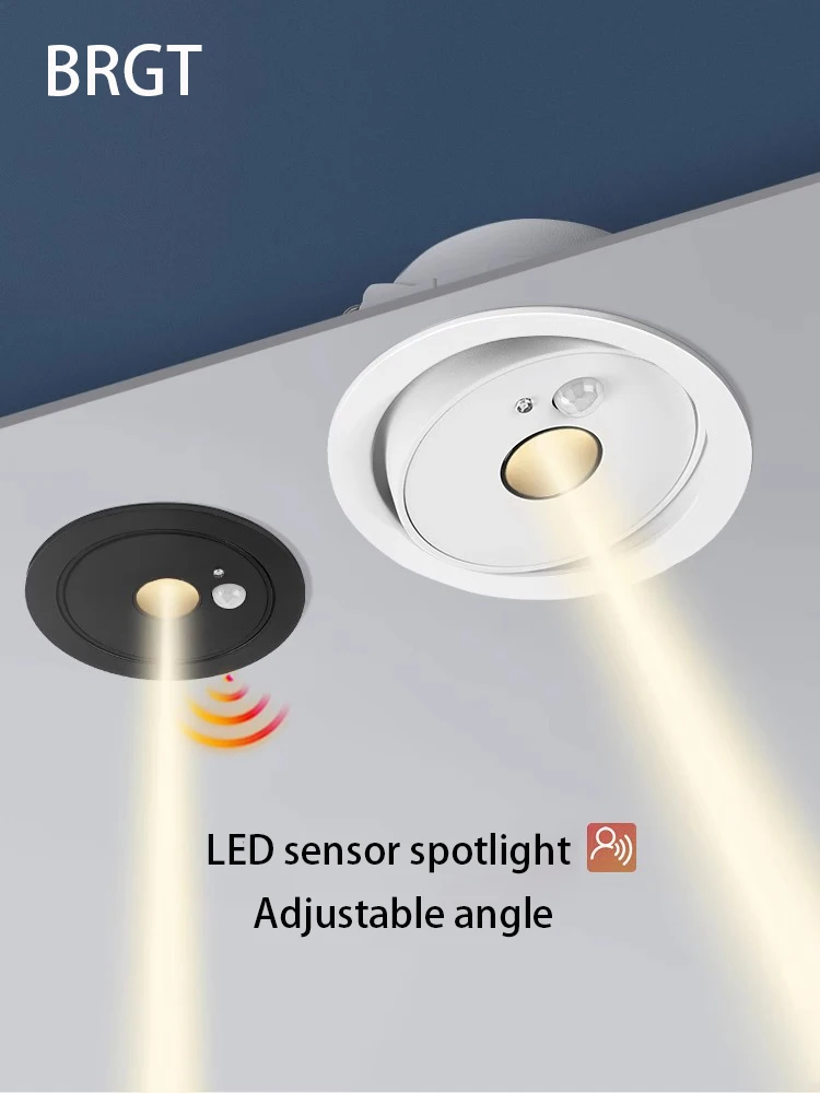 Led Spotlights Human Body Sensor Spot Light Ultra-thin Adjustable Angle Anti Glare Ceiling Lamp Recessed Round 75mm Hole COB