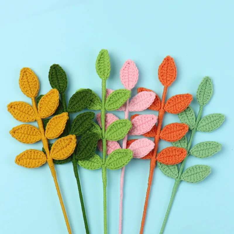 Knitted 7-Leaf Leaves Bouquet Artificial Homemade Crochet Fake Plants Flower Party Home Decorations 6 colors DIY Bouquet