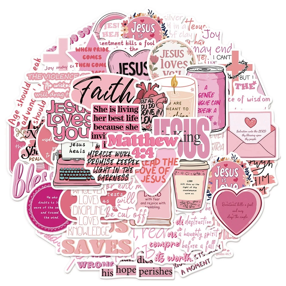 

10/30/50PCS Pink Jesus Phrase Graffiti Stickers Cartoon Bible Verse Faith Decals Cross Words DIY Laptop Pad Phone Stationery