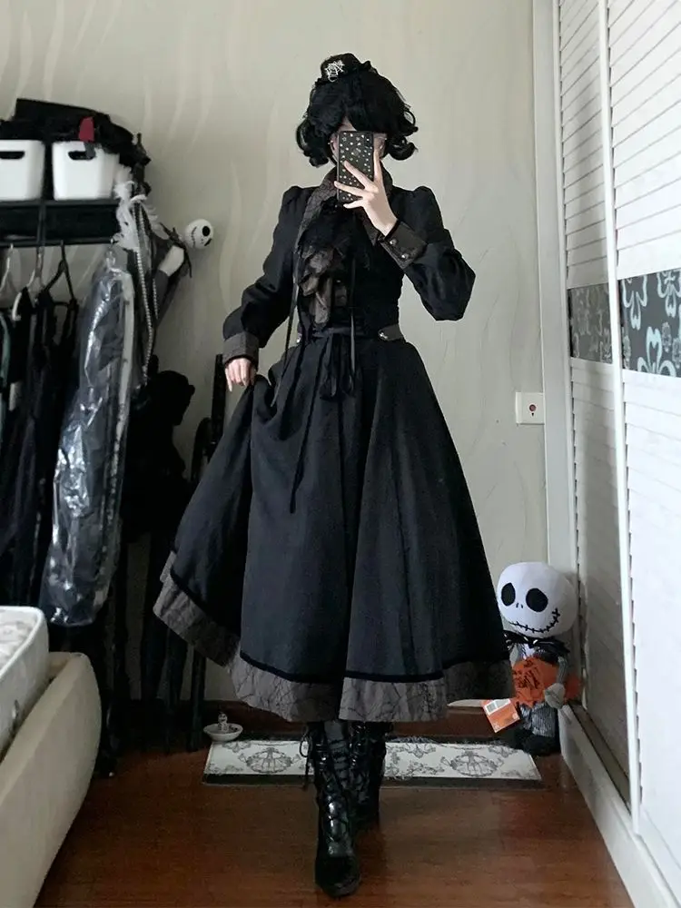 

Осенний комплект из двух предметов французской ретро-темной готической Лолиты, женская рубашка королевского двора + элегантная длинная юбка, комплект Y2K Aesthetic Hepburn