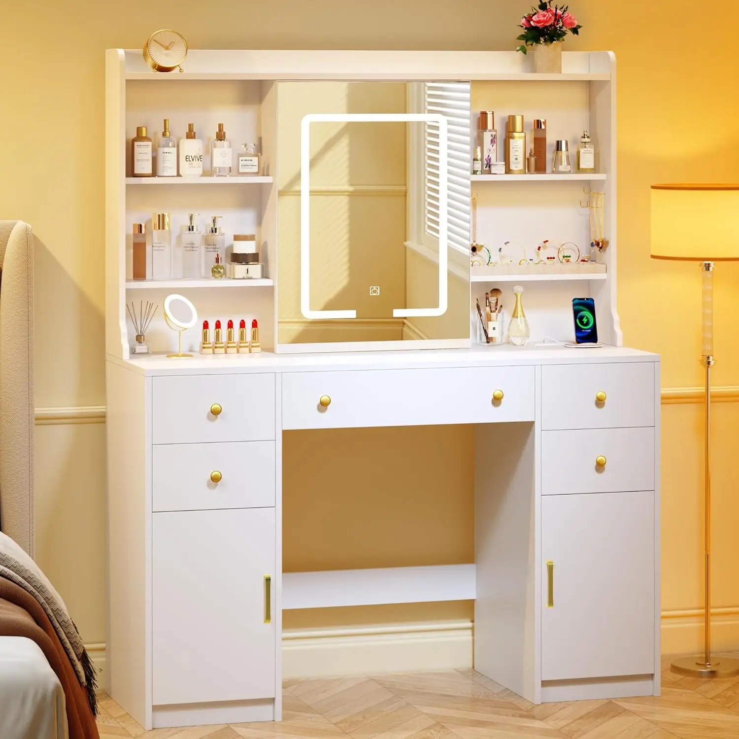 

Dressing Table with Sliding LED Mirror and Light, 3 Lighting Modes and Adjustable Brightness, Dressing Table with Storage