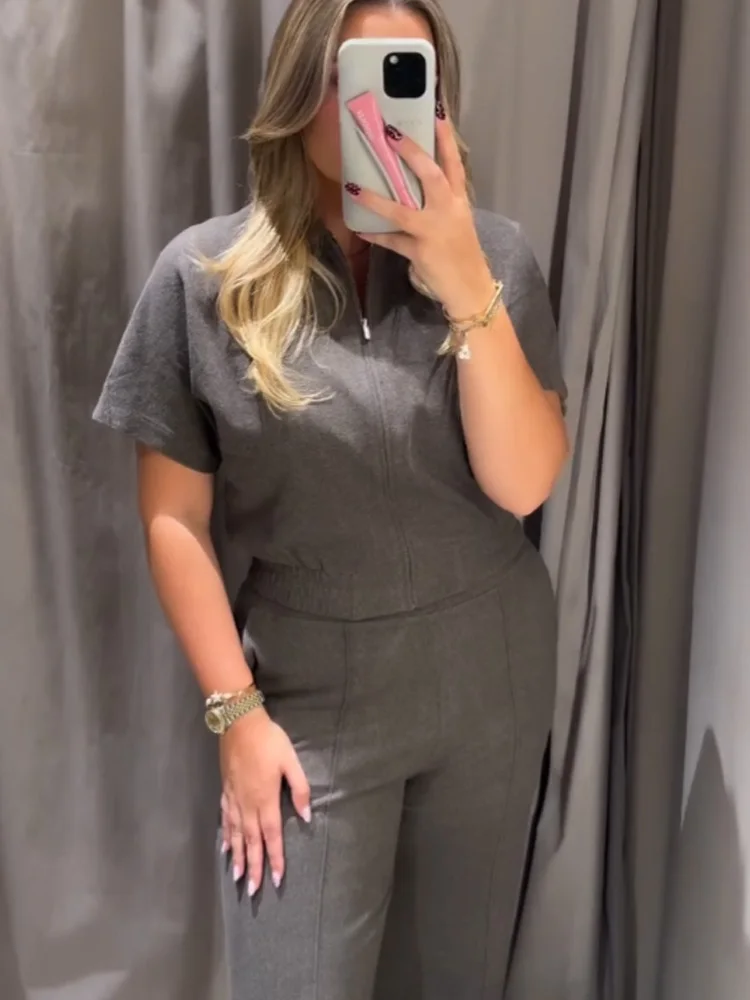 HH Women Fashion Loose Short Sleeve Lapel Zipper Vest+Autumn High Waisted Elastic Waist Pockets Wide-leg Pants 2-Piece Set