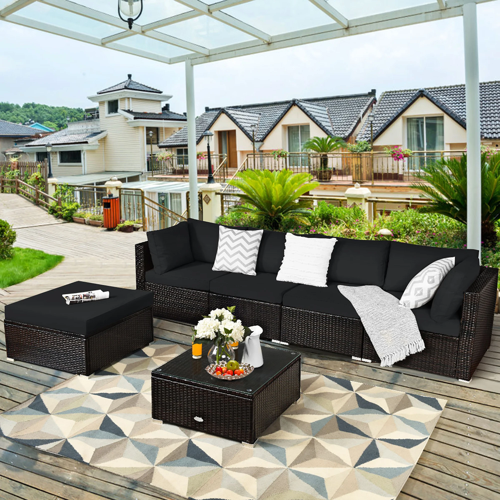 Conjunto de muebles de mimbre para Patio exterior, sofá seccional acolchado, color negro, 6 piezas