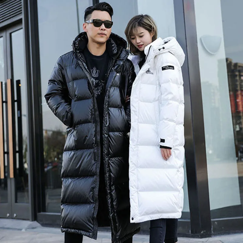 X-Long Couple Down Jackets 2019 New Winter Warm Hooded Women Down Outerwear High Quality White Goose Down Thicken Coats RE2555