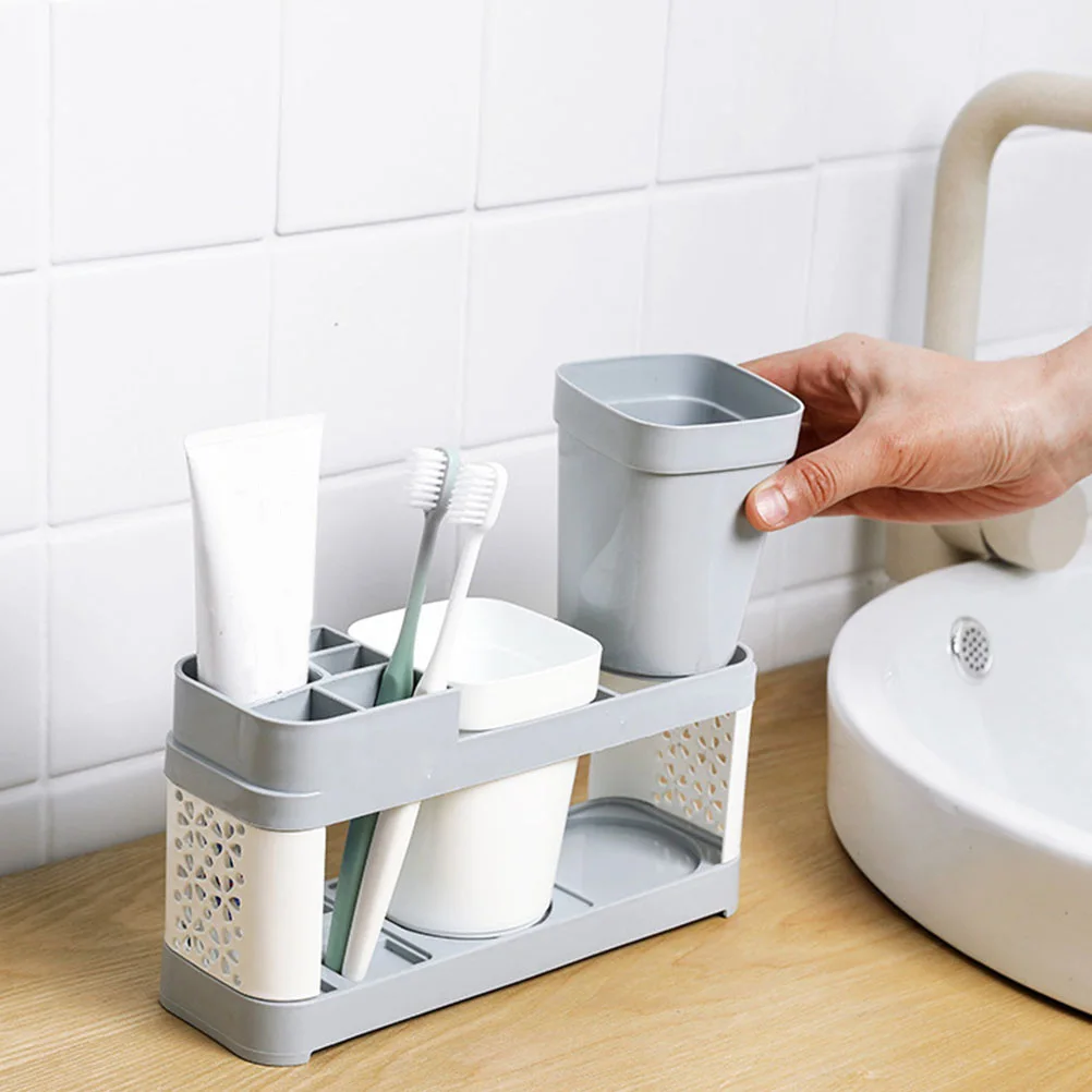 

1pc Toothbrush Holder Set Desktop Bathroom Sink Storage Rack Multifunction Plastic Cup Shelf For Home Hotel Use Grey White