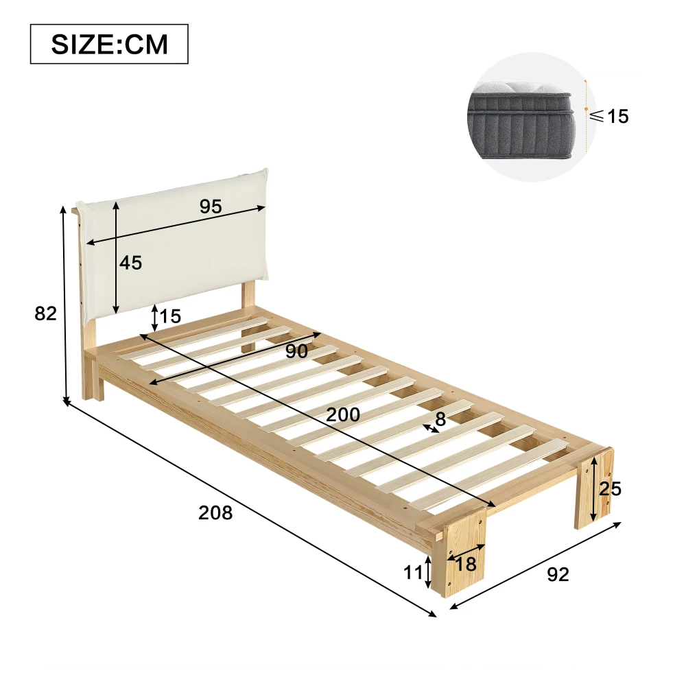 PINGGO Samtbezogenes Einzelbett für Kinder, weiche Rückenlehne, stabiler Rahmen, 90 x 200 cm, Bettgestell aus Kiefernholz, Schaumstoff und Sperrholz, ohne Matratze – Detail 7
