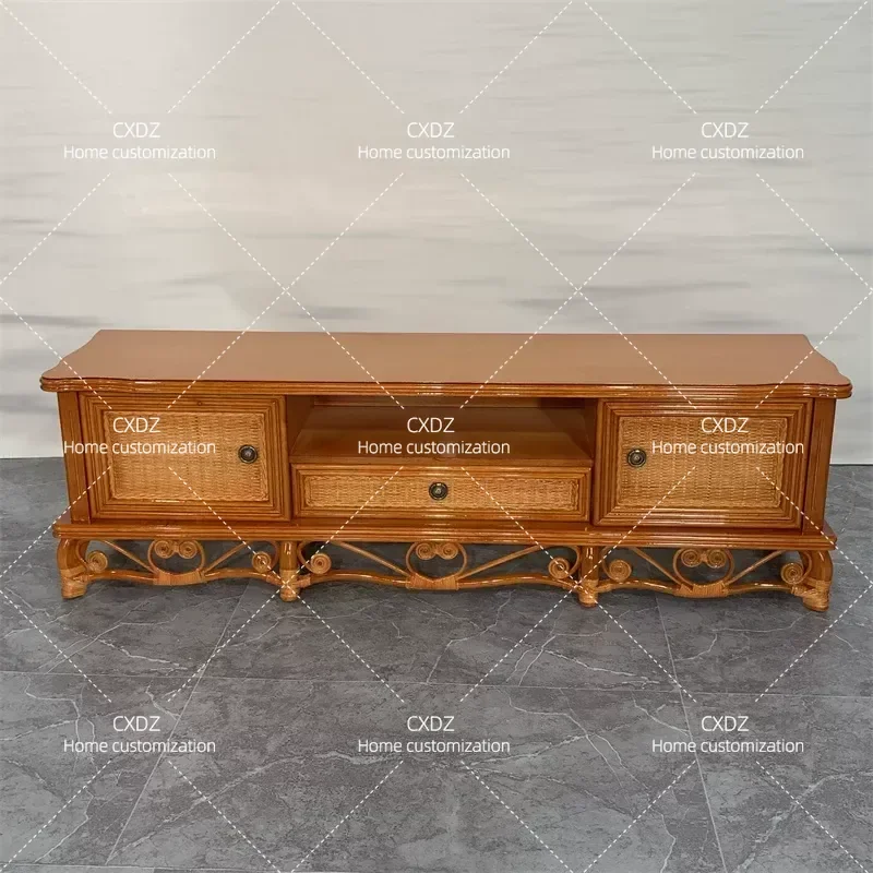 Natural Rattan TV Cabinet 1.8m Long Floor Standing Media Console Storage Unit Desktop Display Stand Wicker Art Furniture for