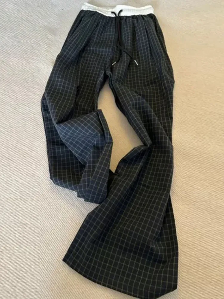 American Style Patchwork Plaid Casual Pants Men Women Summer Thin Checkered Pattern High Waist Straight Leg Drapey Wide Leg P...
