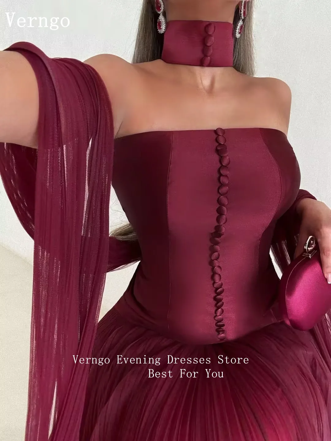 Verngo Burgundy Satin Evening Dress Strapless A Line Botton Maxi Shawl Prom Gowns Women Elegant Celebrity Party Gowns Customzied
