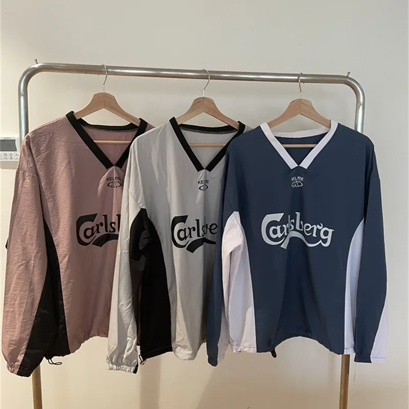 الرجعية الرياضة اللون بلو فضفاض الأمريكية Sle V-Ne البلوز النايلون البلوز ex الخريف الشتاء جديد وصول الشارع Sle