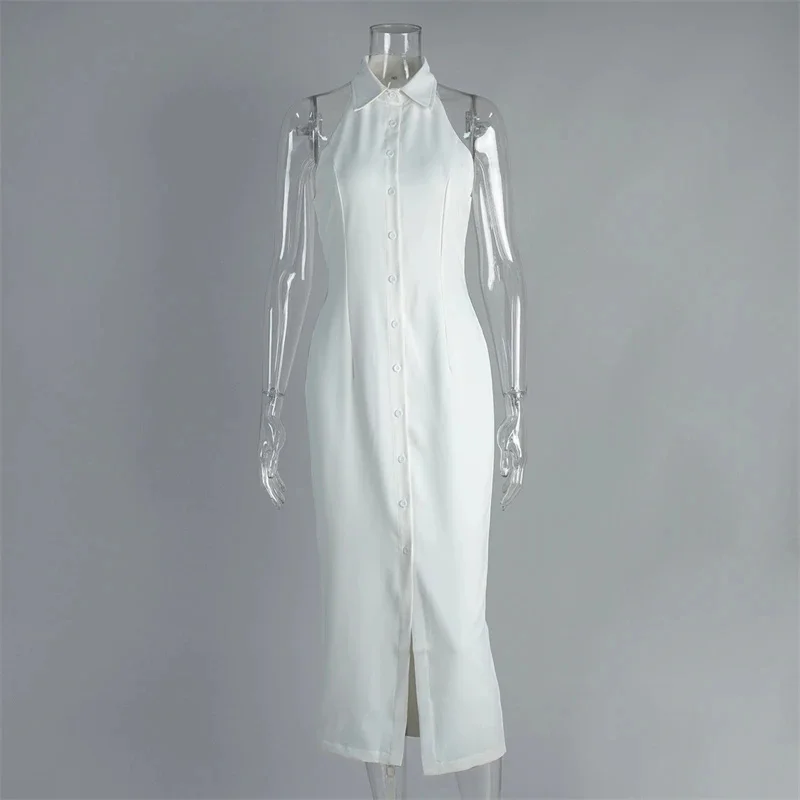 Abito maxi con spacco minimalista alla moda Nuovo abito camicia senza maniche estivo con colletto a tacca Abito elegante monopetto da donna chic