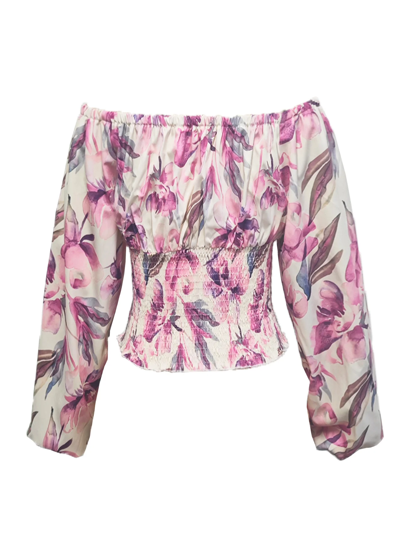 Damenbekleidung, Blumenmuster, schulterfrei, Puffärmel, lange Ärmel, gesmokte Bluse, Rüschenbesatz, Kordelzug, bauchfreies Oberteil für Freizeit und Urlaub – Detail 4